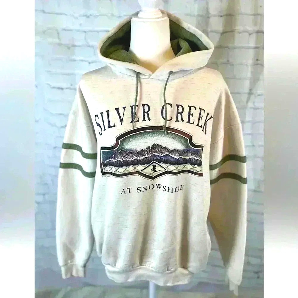 Vtg fleece 90’s Marbled Heather Tan Green Snowshoe Hoodie SILVER CREEK XL USA